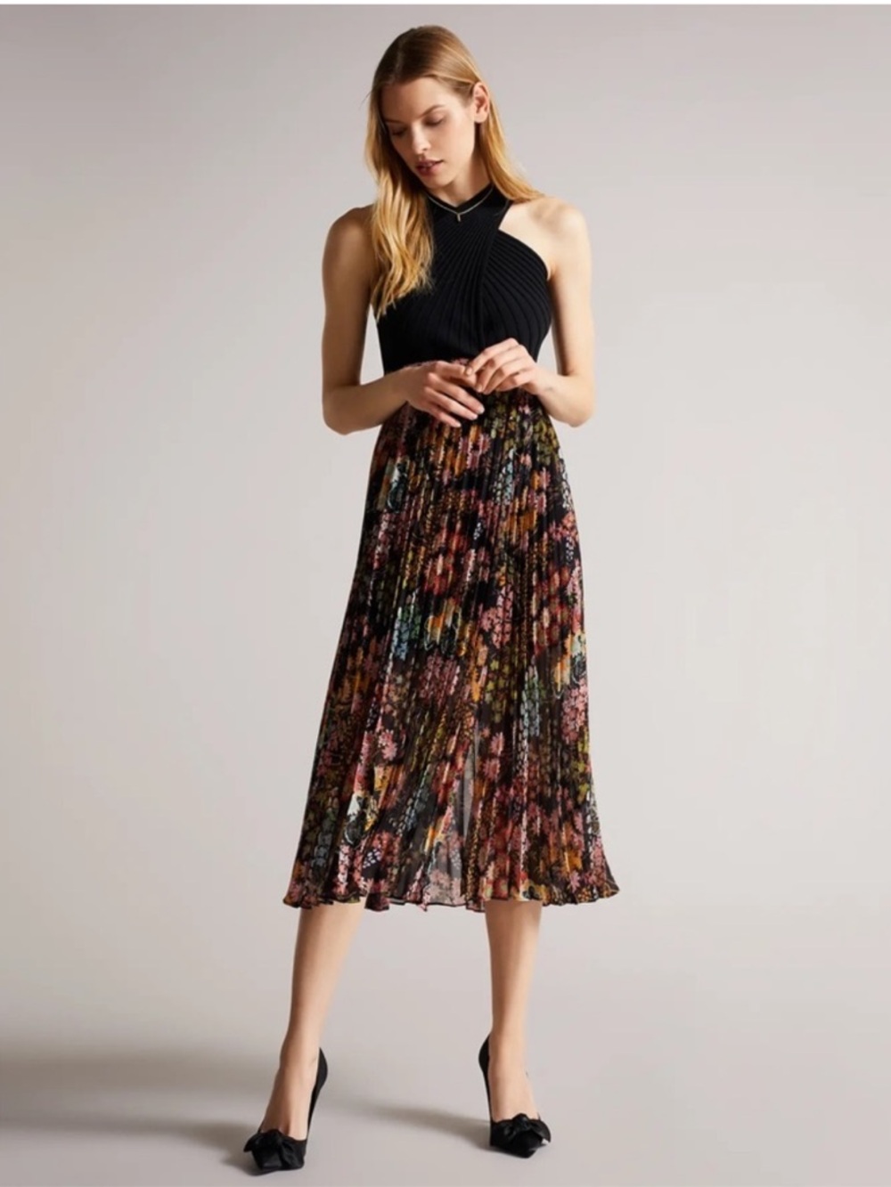 NEW Ted Baker Aquila Floral Midi Dress Size 2 (4-6 US) Small Cross Neck Halter